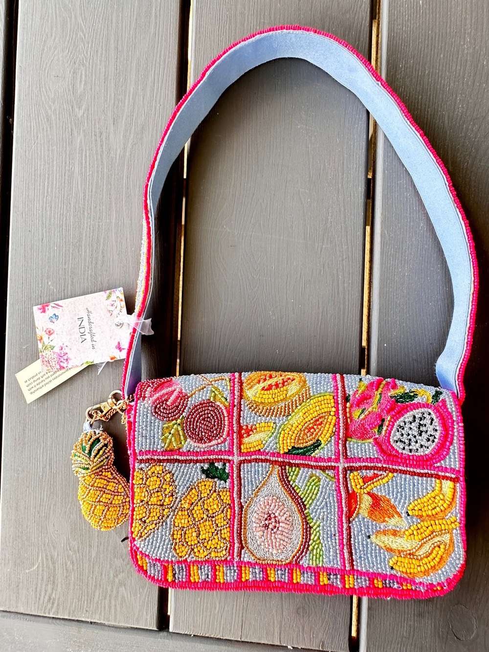 Handmade Beaded Shoulder Bag Tropical Fruit Cocktail Sun Flap Purse.